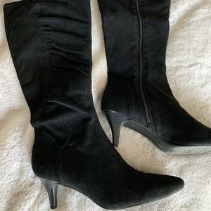 Black faux suede kitten heel tall boots